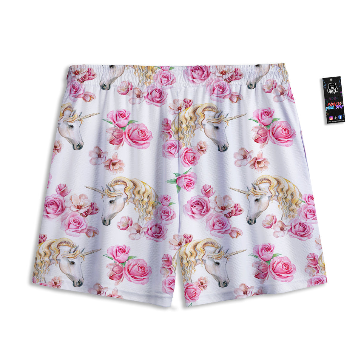 Rose Fairy White Unicorn Print Pattern Mesh Shorts