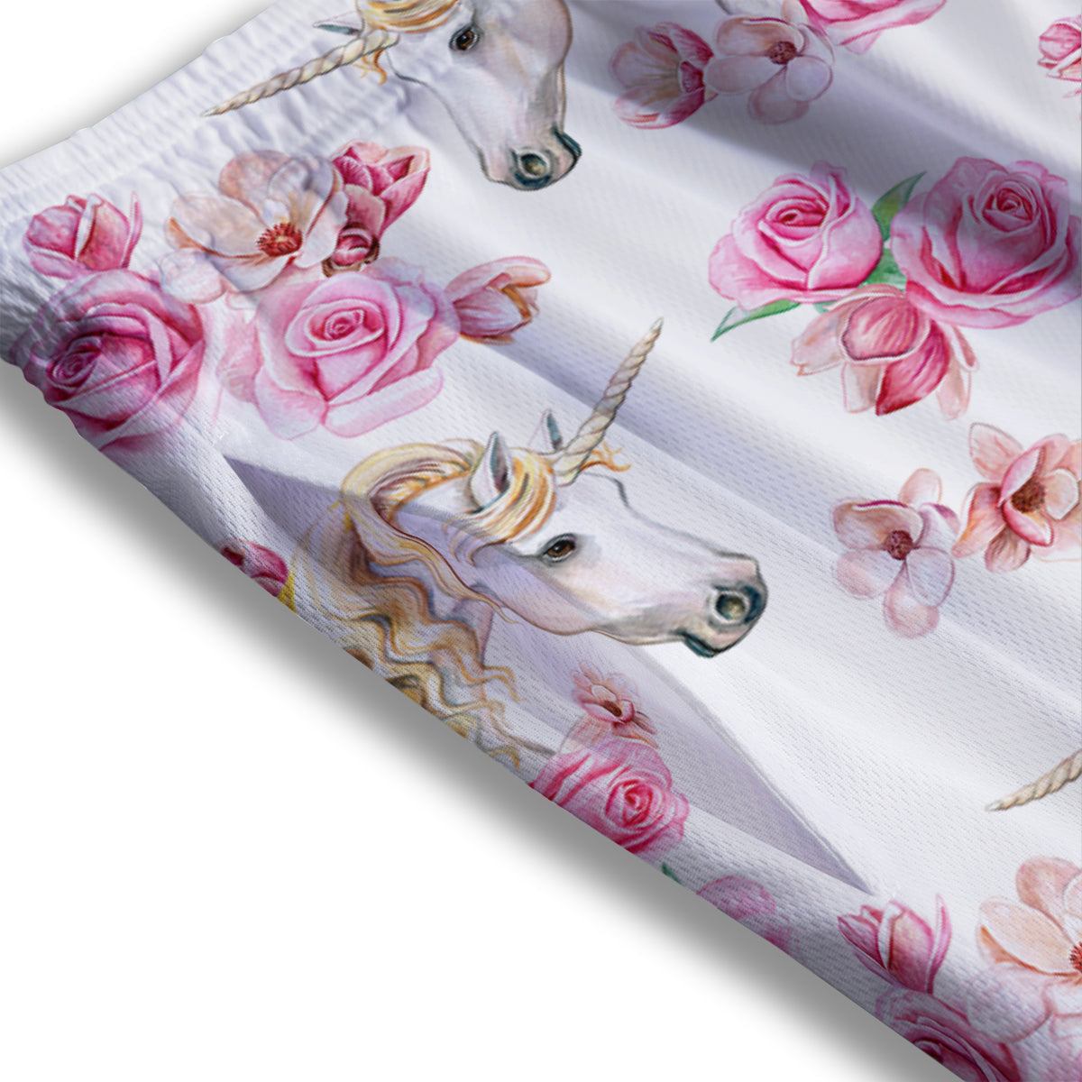 Rose Fairy White Unicorn Print Pattern Mesh Shorts