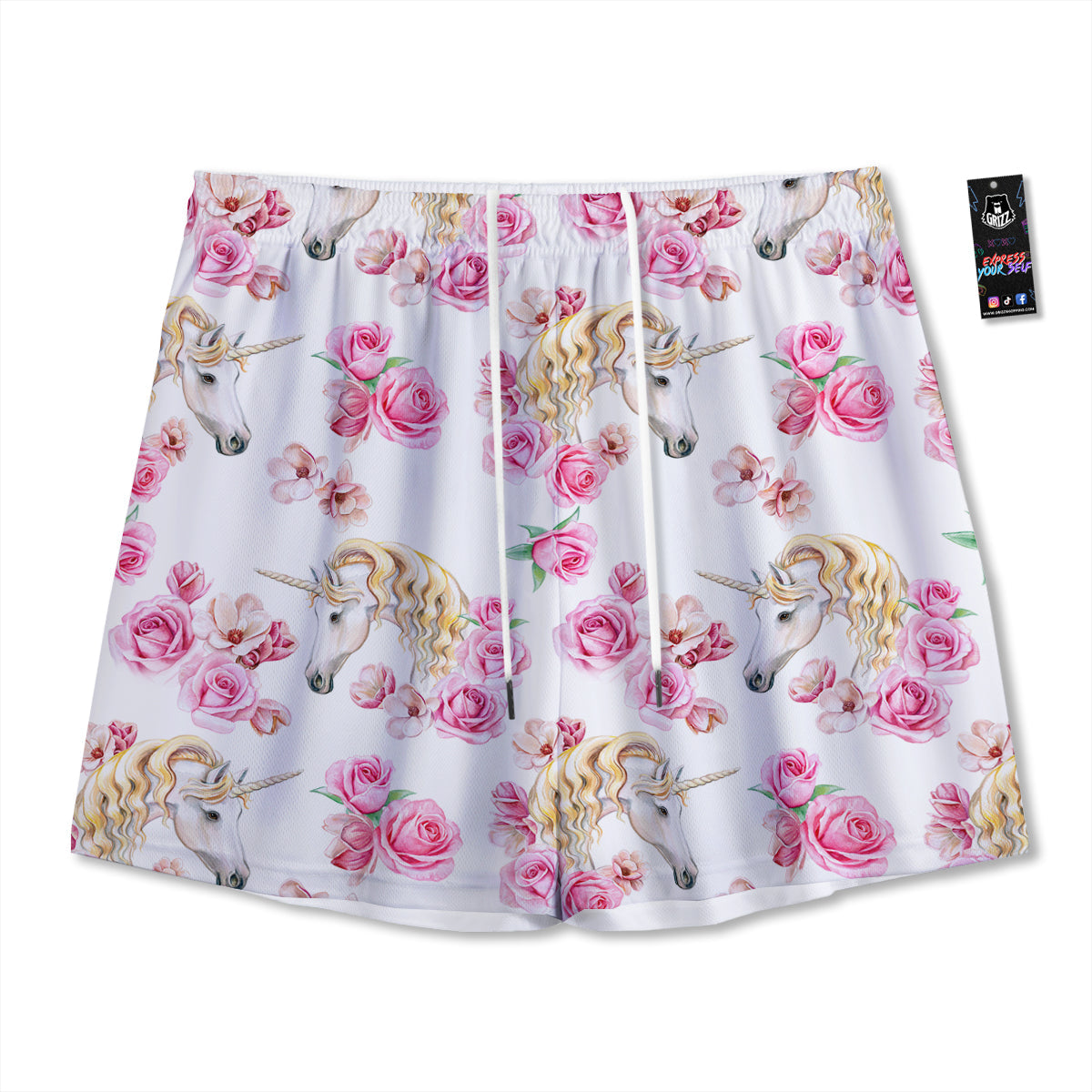 Rose Fairy White Unicorn Print Pattern Mesh Shorts