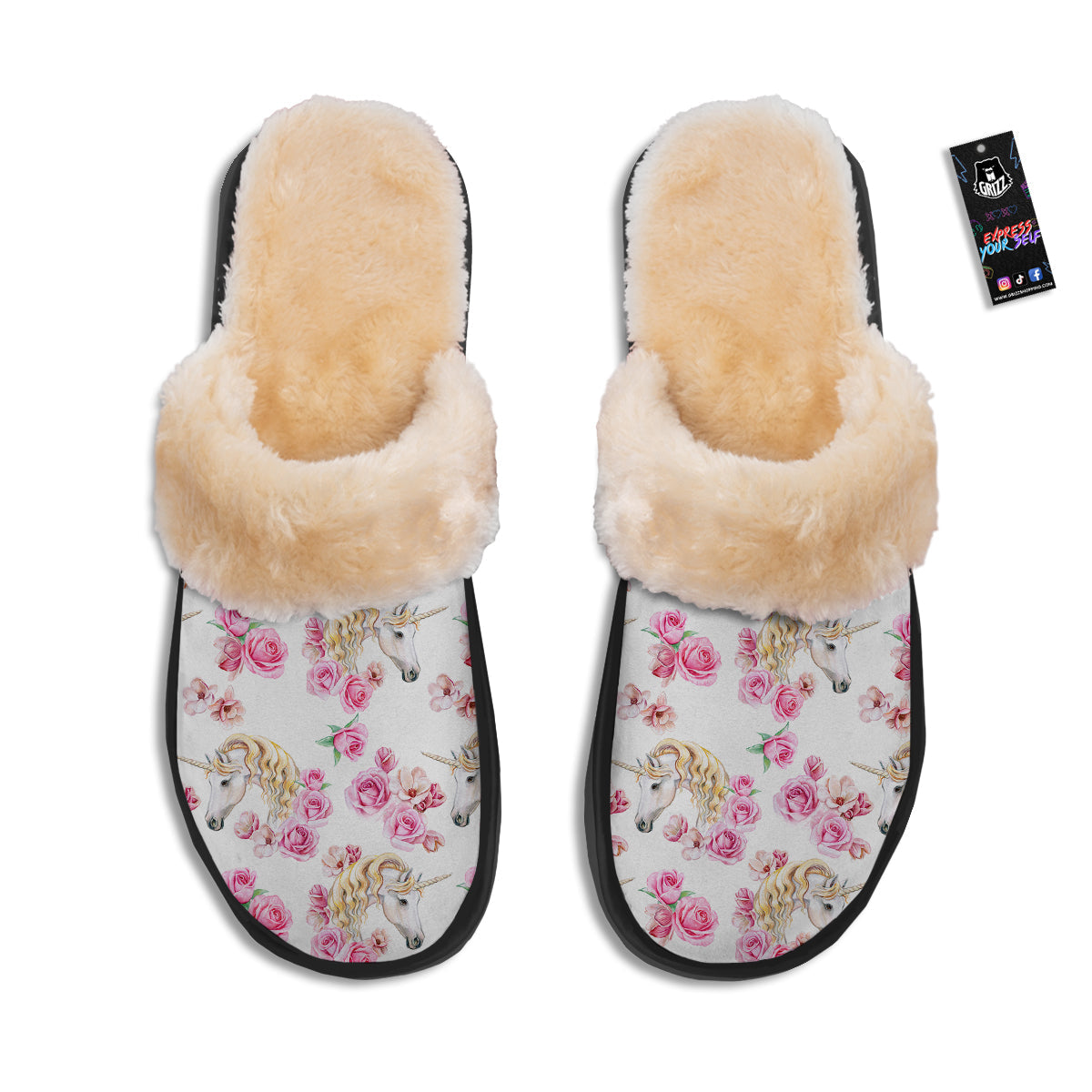 Rose Fairy White Unicorn Print Pattern Slippers-grizzshop