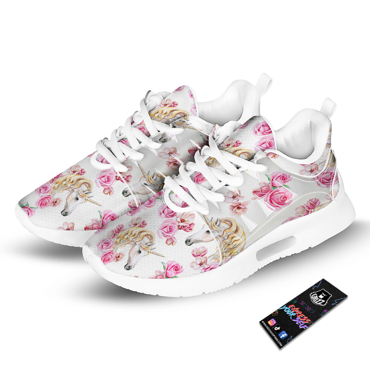 Rose Fairy White Unicorn Print Pattern Tennis Shoes-grizzshop