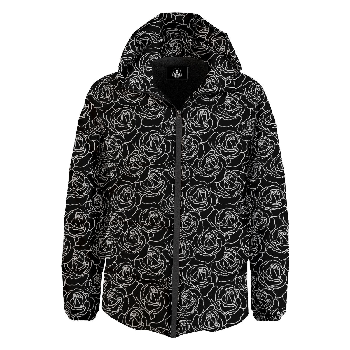 Rose Floral Black Print Pattern Down Jacket-grizzshop