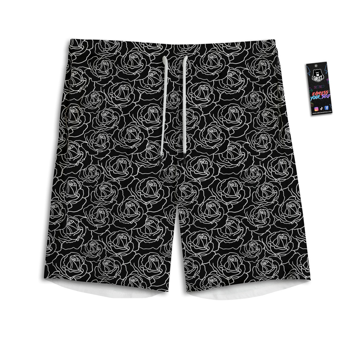 Rose Floral Black Print Pattern Men's Athletic Shorts