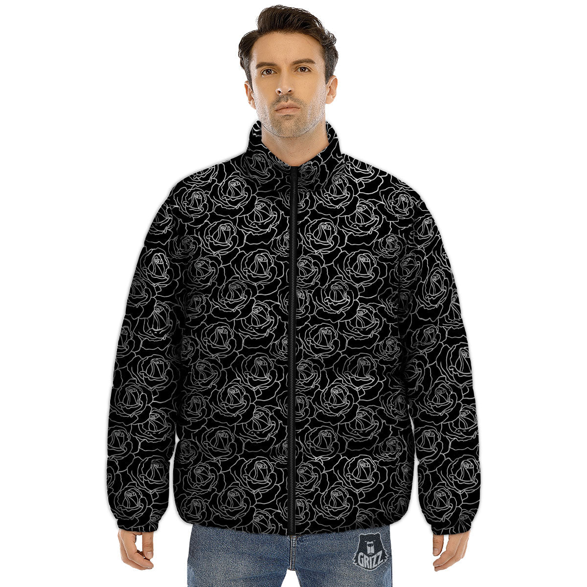 Rose Floral Black Print Pattern Puffer Jacket-grizzshop