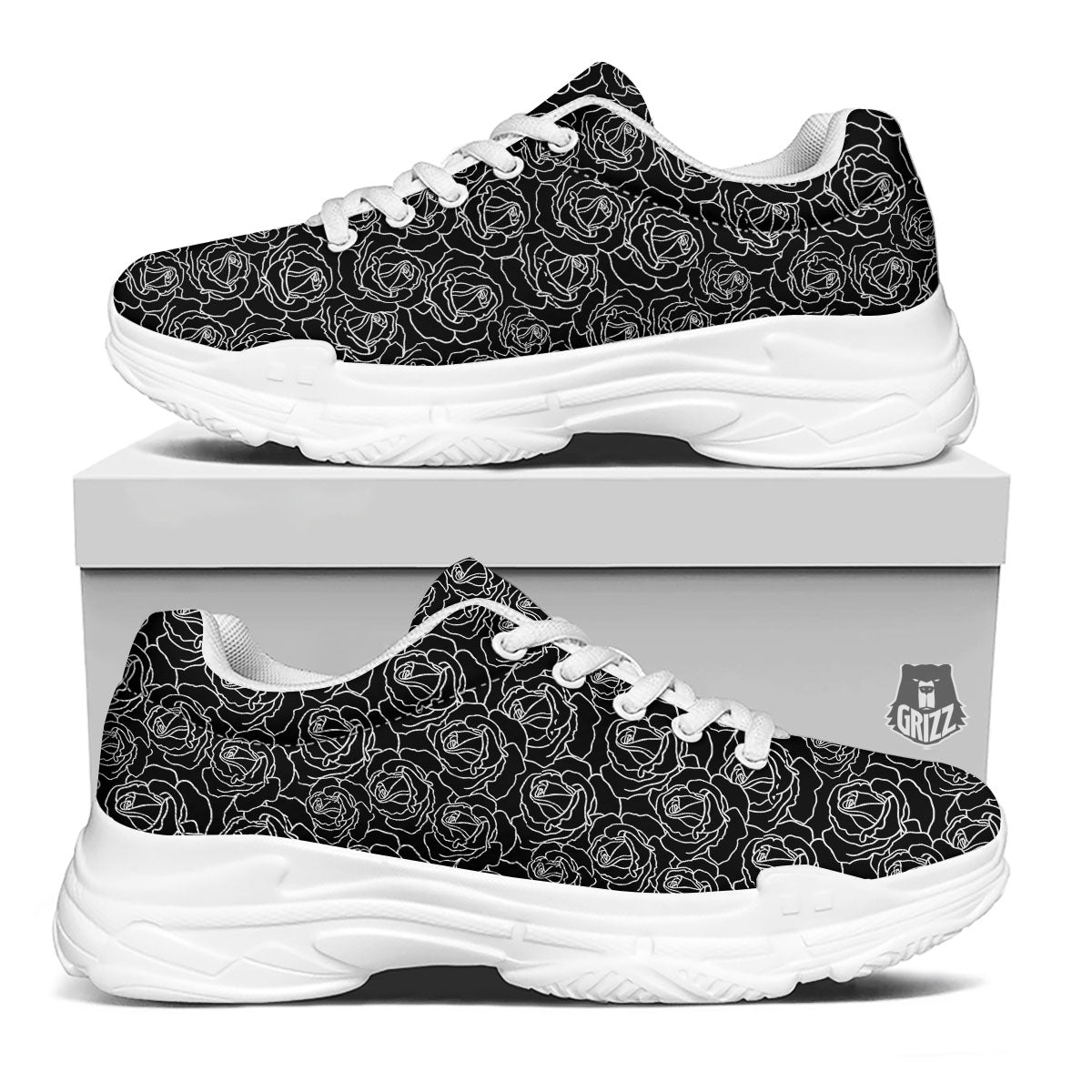 Rose Floral Black Print Pattern White Chunky Shoes-grizzshop
