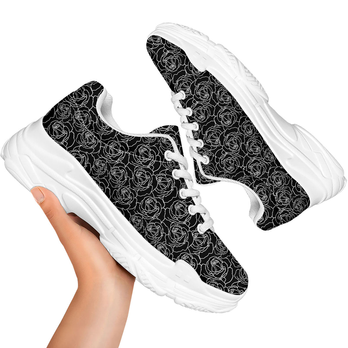 Rose Floral Black Print Pattern White Chunky Shoes-grizzshop