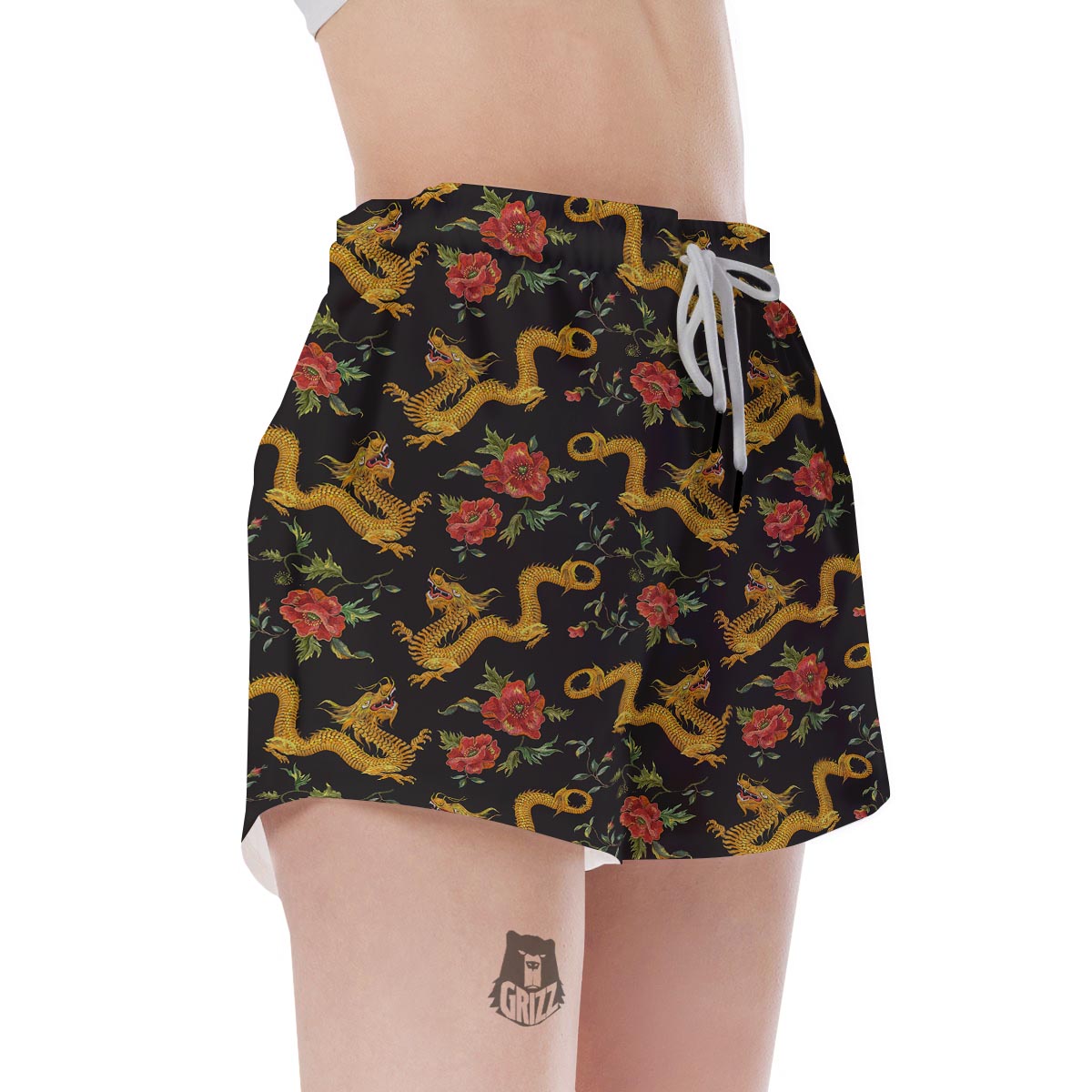 Rose Floral Golden Dragon Print Women's Shorts-grizzshop
