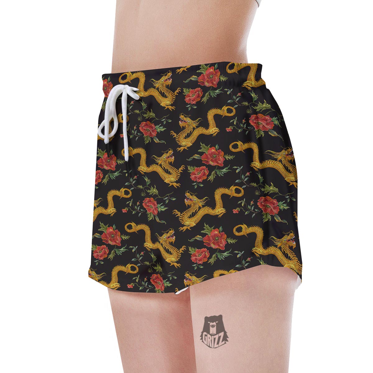 Rose Floral Golden Dragon Print Women's Shorts-grizzshop