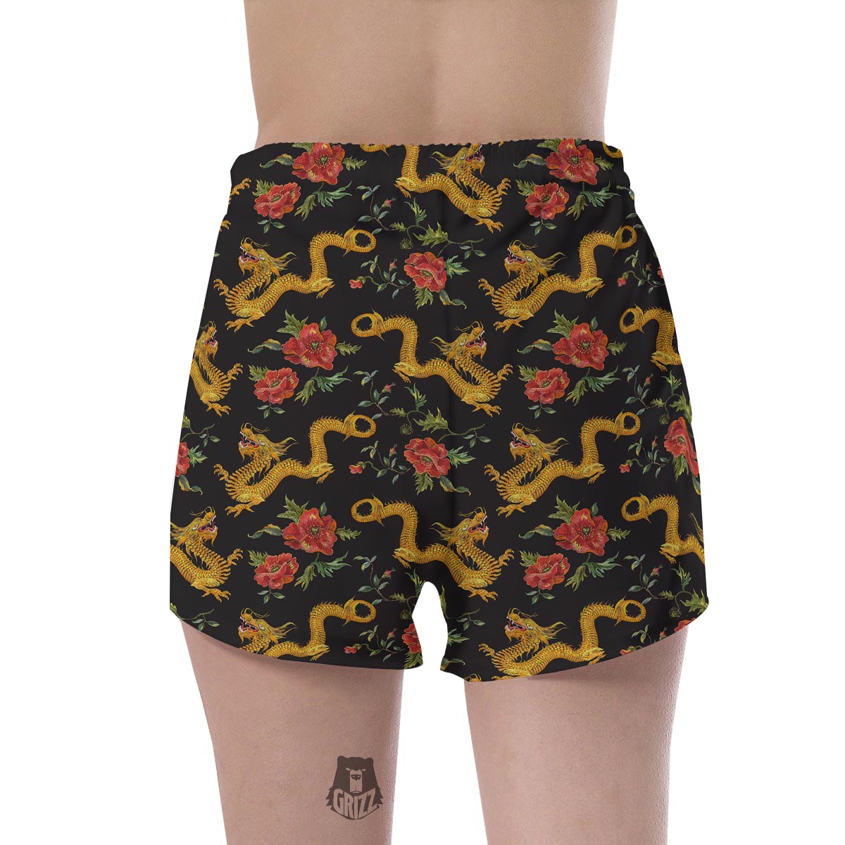Rose Floral Golden Dragon Print Women's Shorts-grizzshop