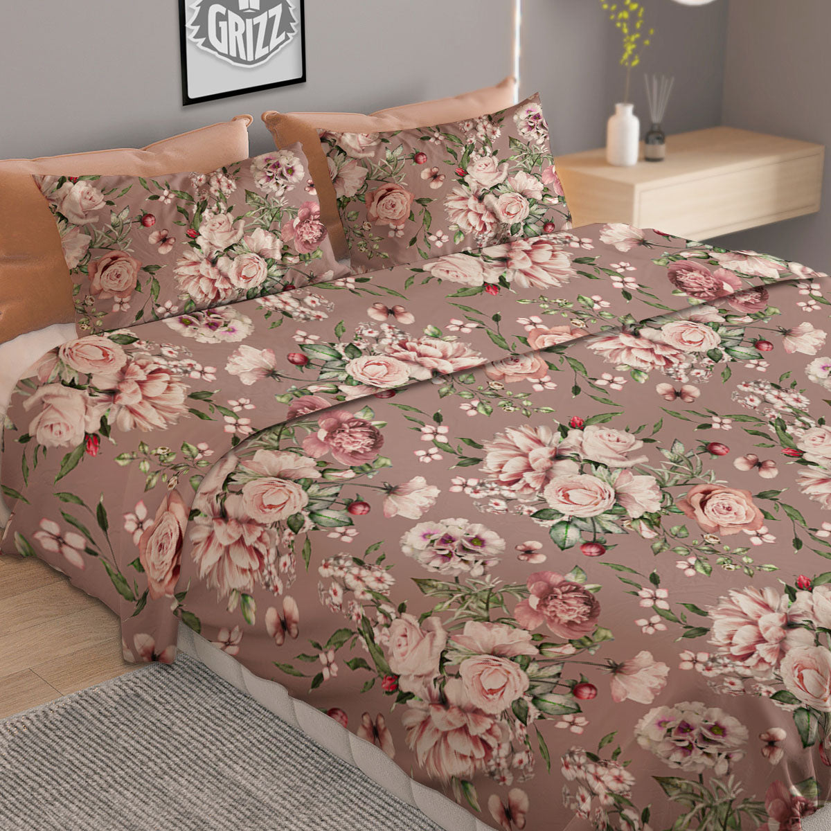 Rose Floral Pink Vintage Print Pattern Duvet Cover Bedding Set