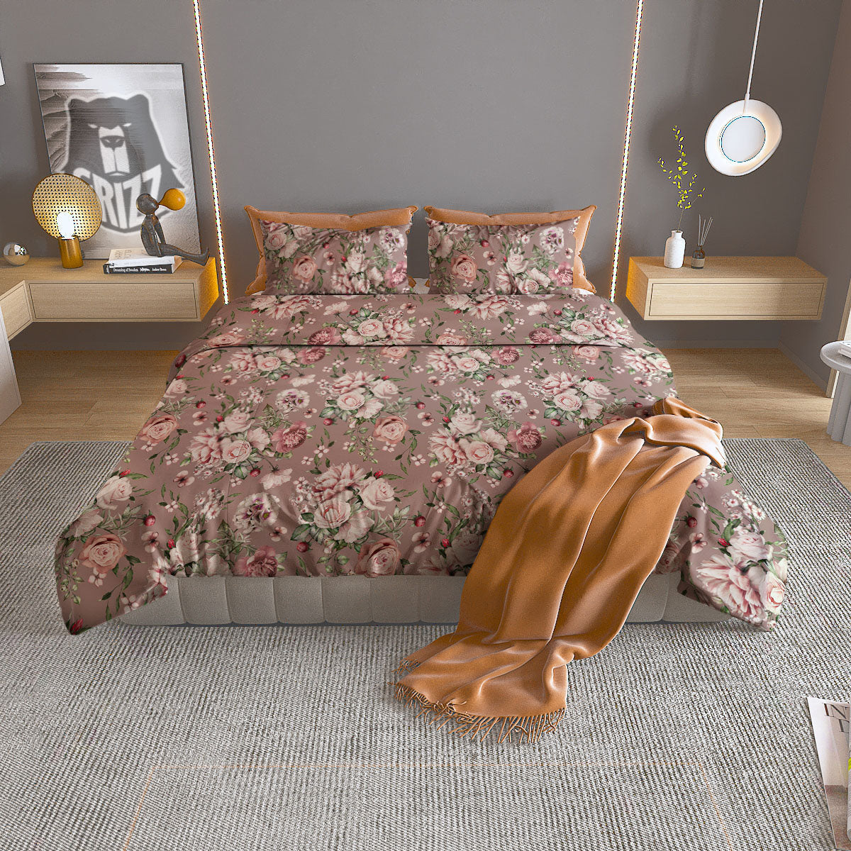 Rose Floral Pink Vintage Print Pattern Duvet Cover Bedding Set