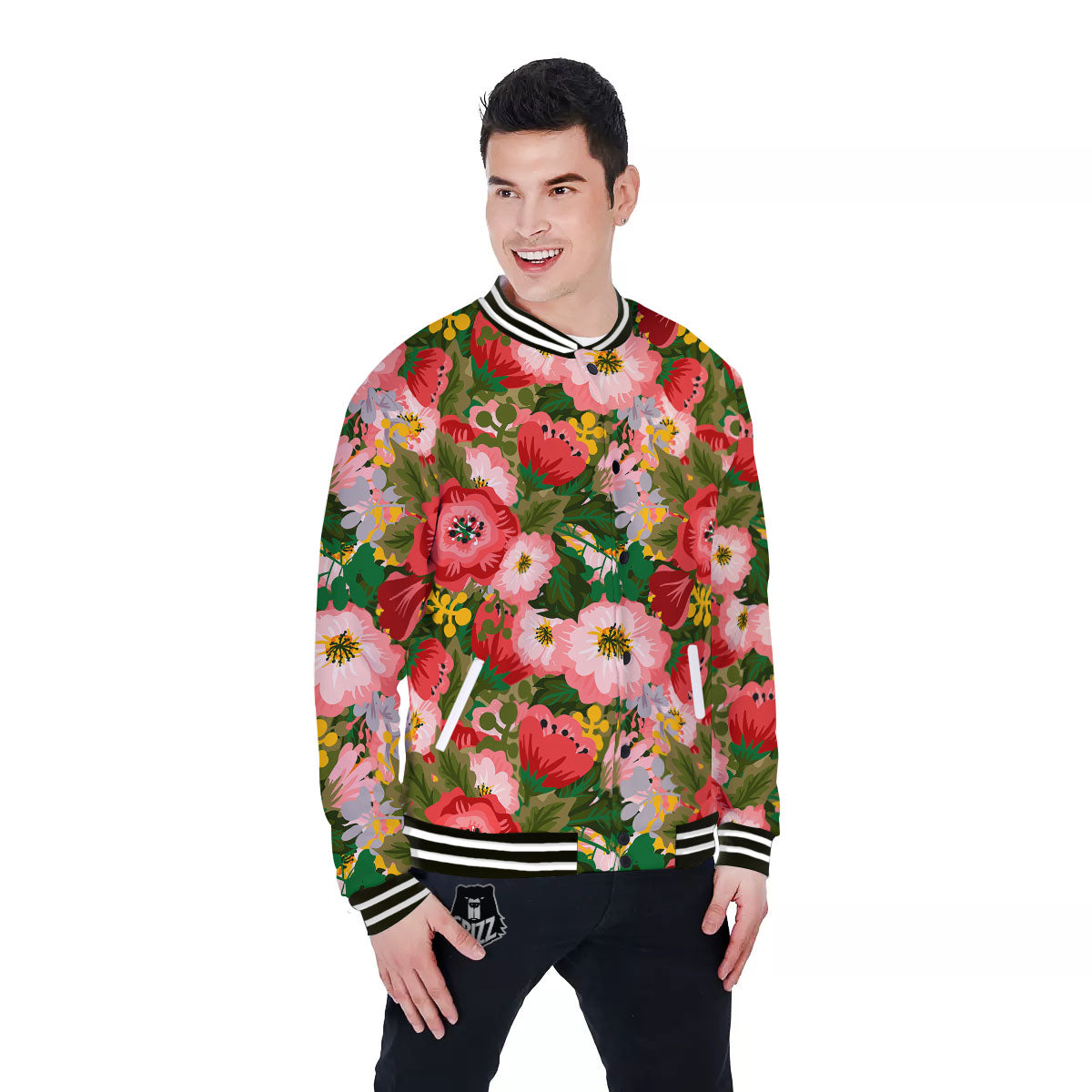 Rose Floral Red And Pink Print Pattern Baseball Jacket-grizzshop