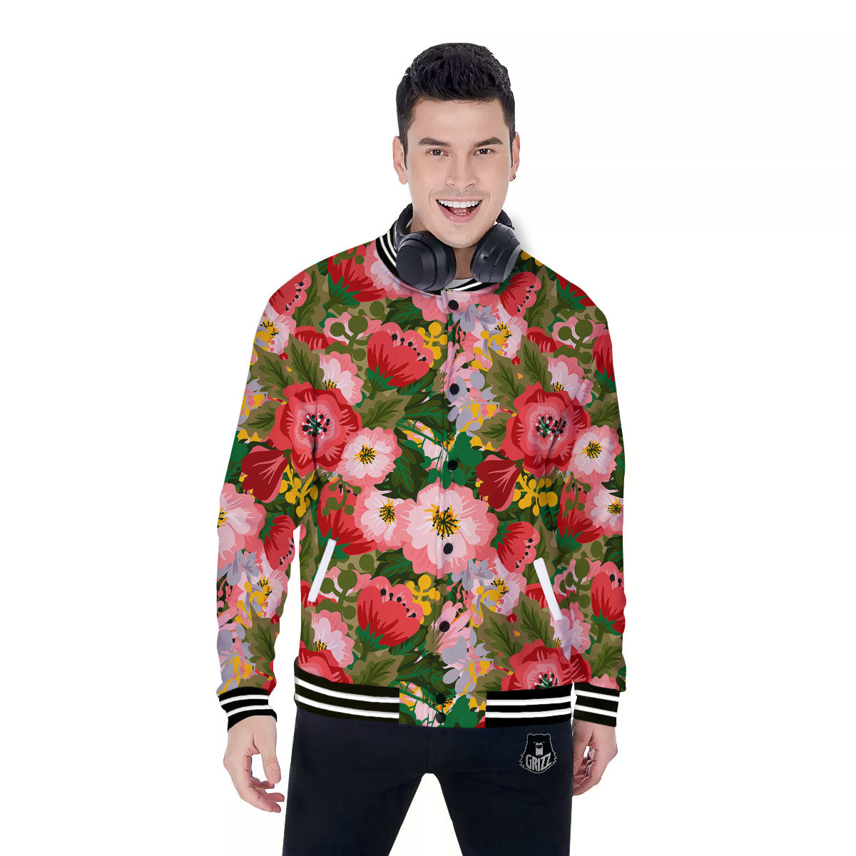 Rose Floral Red And Pink Print Pattern Baseball Jacket-grizzshop