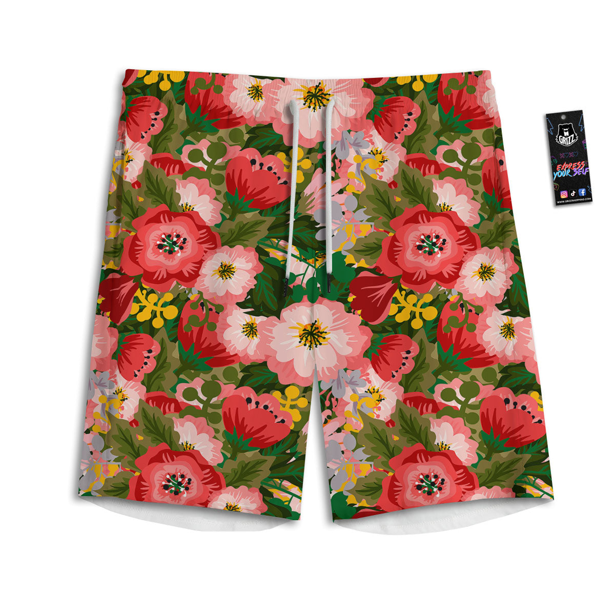 Rose Floral Red And Pink Print Pattern Men's Athletic Shorts