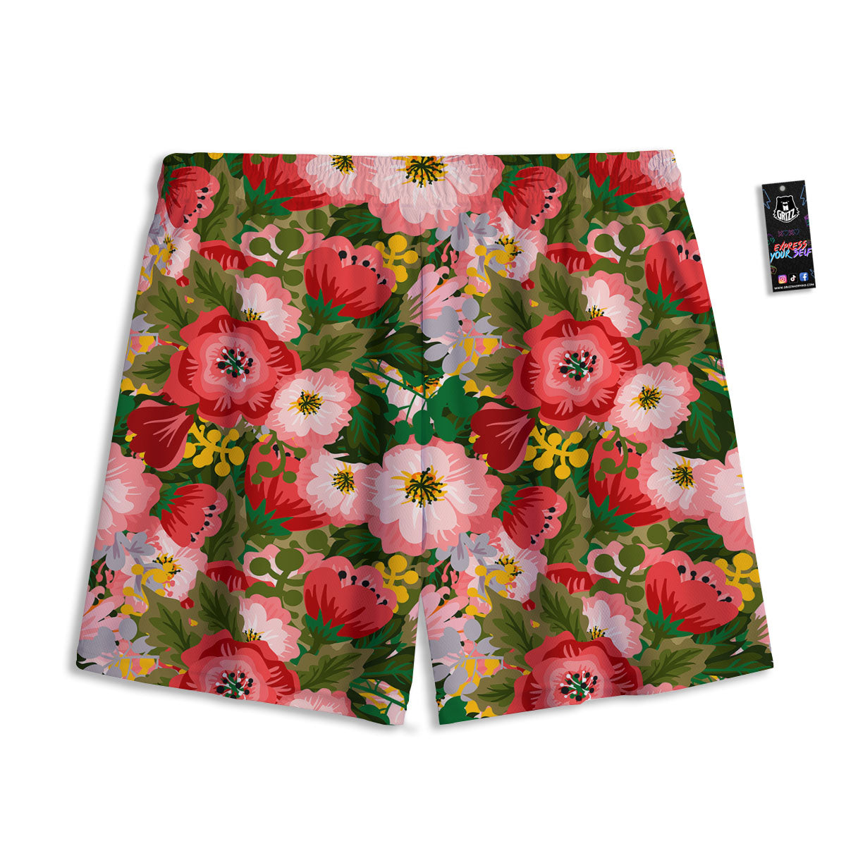 Rose Floral Red And Pink Print Pattern Mesh Shorts