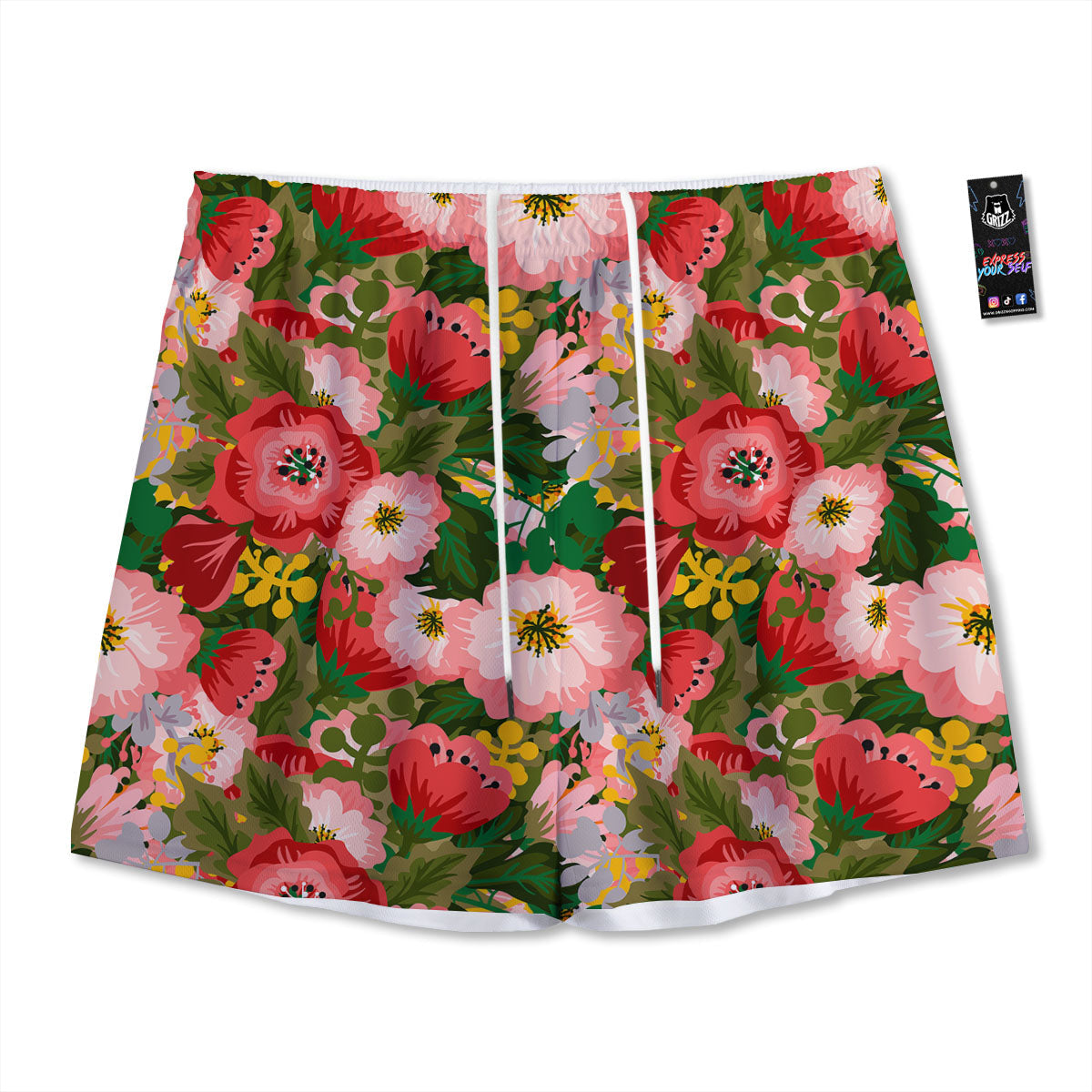 Rose Floral Red And Pink Print Pattern Mesh Shorts