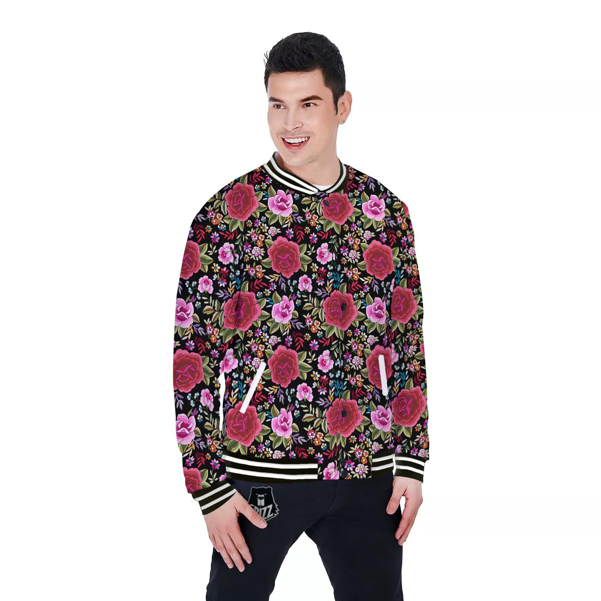 Rose Floral Red Pink Print Pattern Baseball Jacket-grizzshop