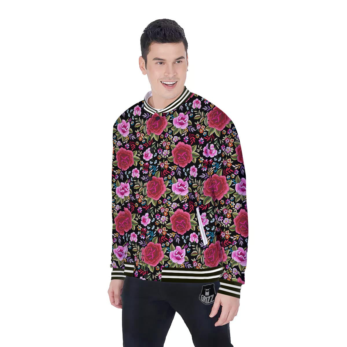 Rose Floral Red Pink Print Pattern Baseball Jacket-grizzshop