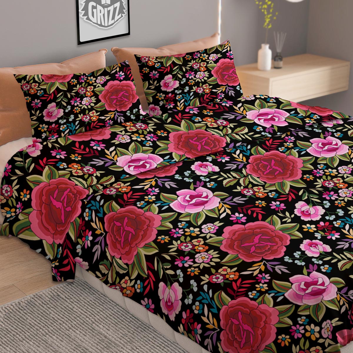Rose Floral Pink Vintage Print Pattern Duvet Cover Bedding Set