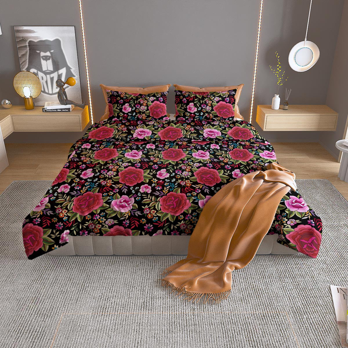 Rose Floral Pink Vintage Print Pattern Duvet Cover Bedding Set