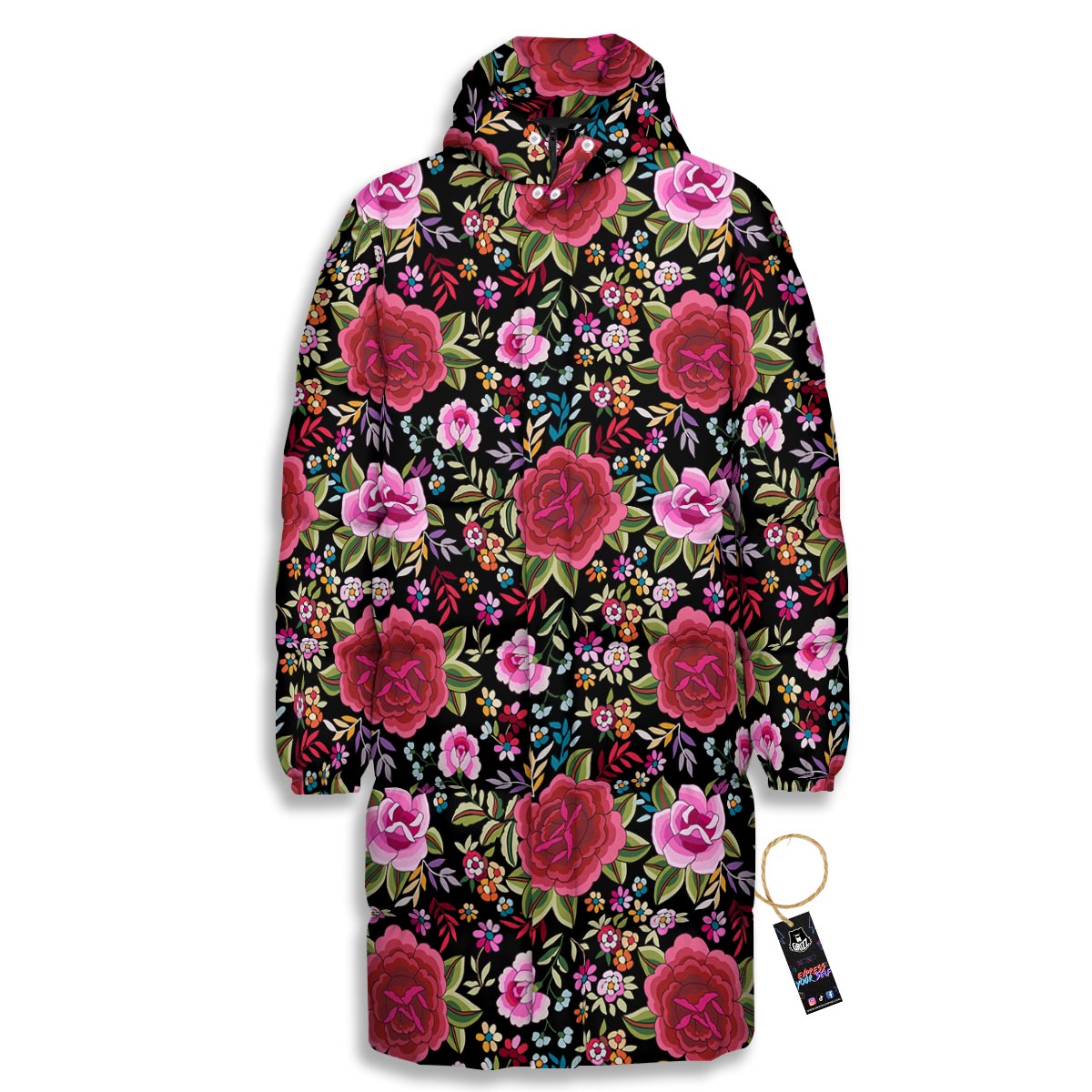 Rose Floral Red Pink Print Pattern Long Down Jacket-grizzshop
