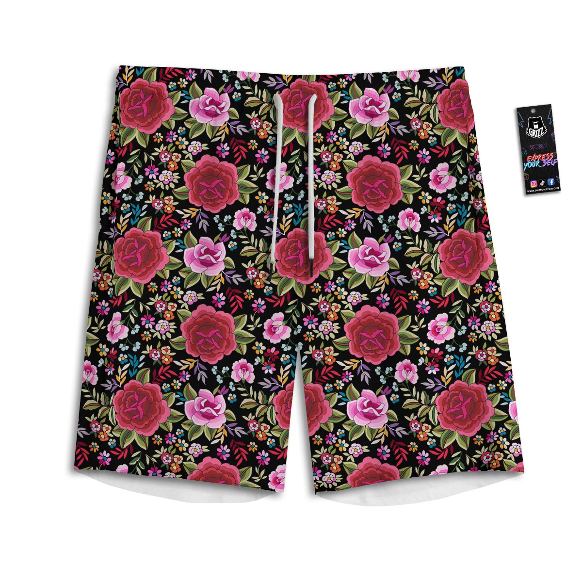 Rose Floral Red Pink Print Pattern Men's Athletic Shorts
