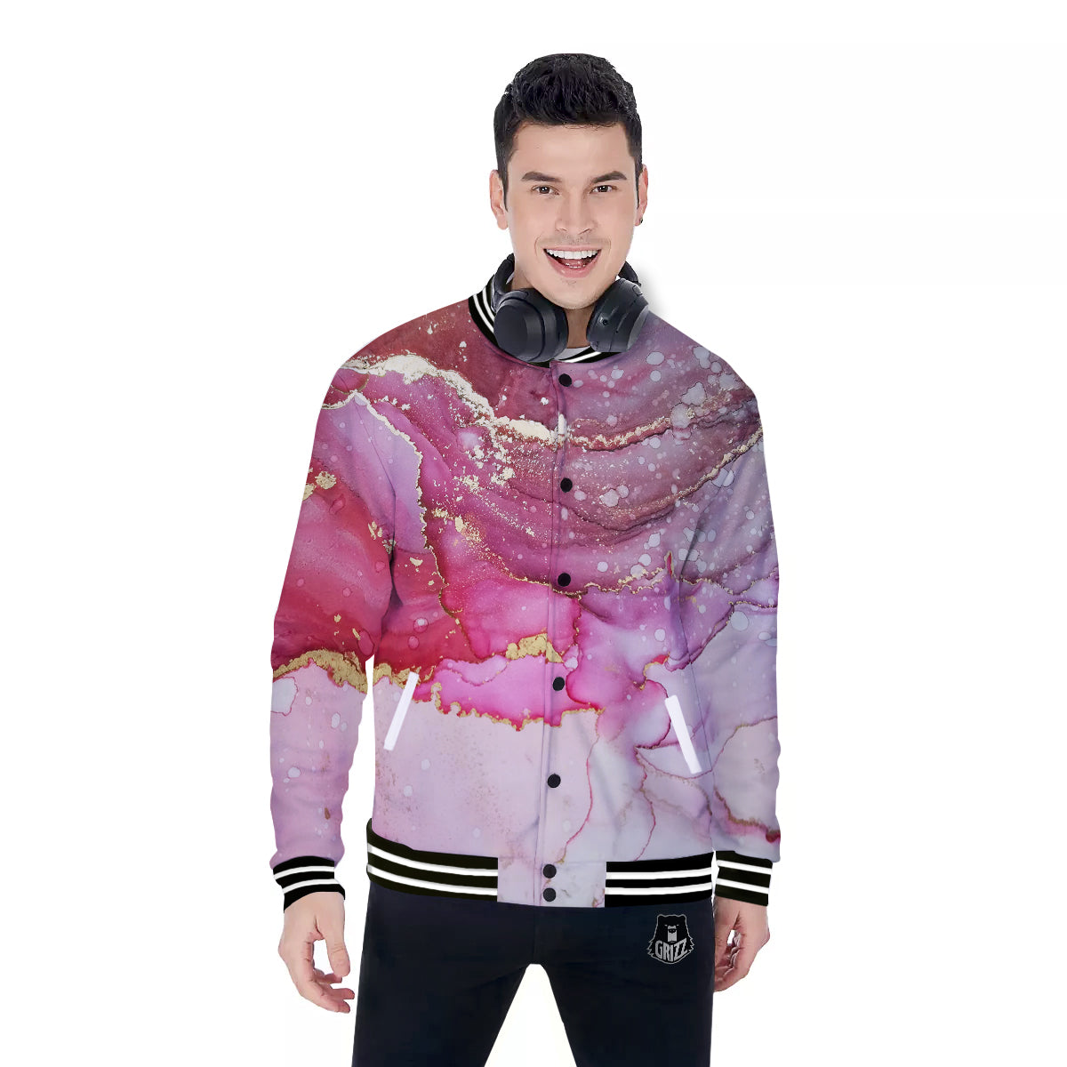 Rose Gold Marble Print Baseball Jacket-grizzshop