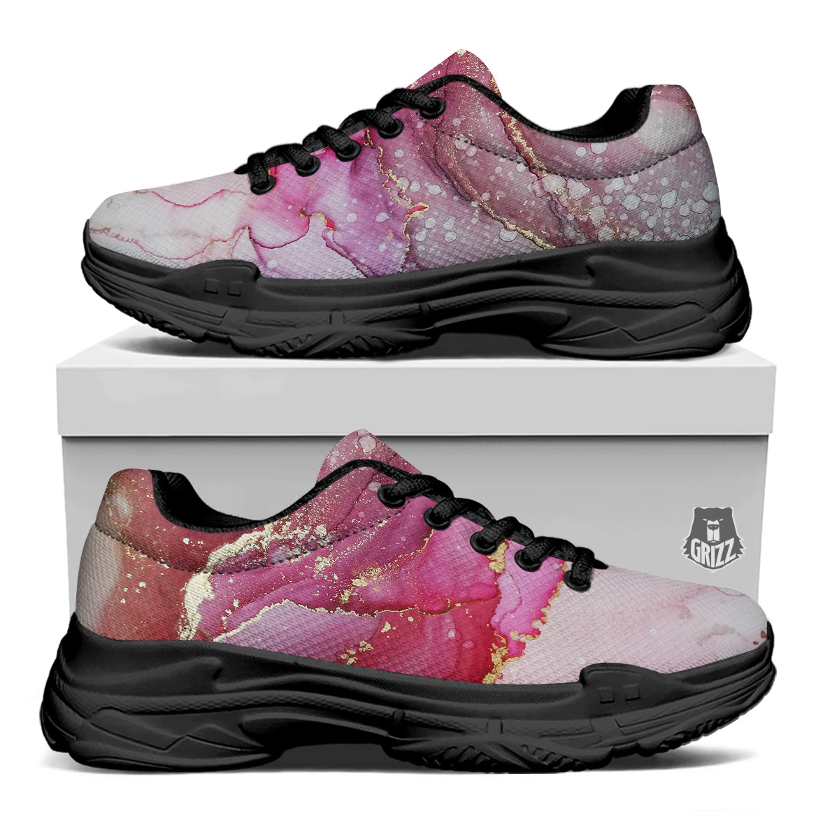 Rose Gold Marble Print Black Chunky Shoes-grizzshop