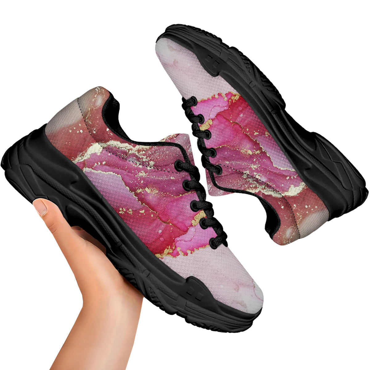 Rose Gold Marble Print Black Chunky Shoes-grizzshop