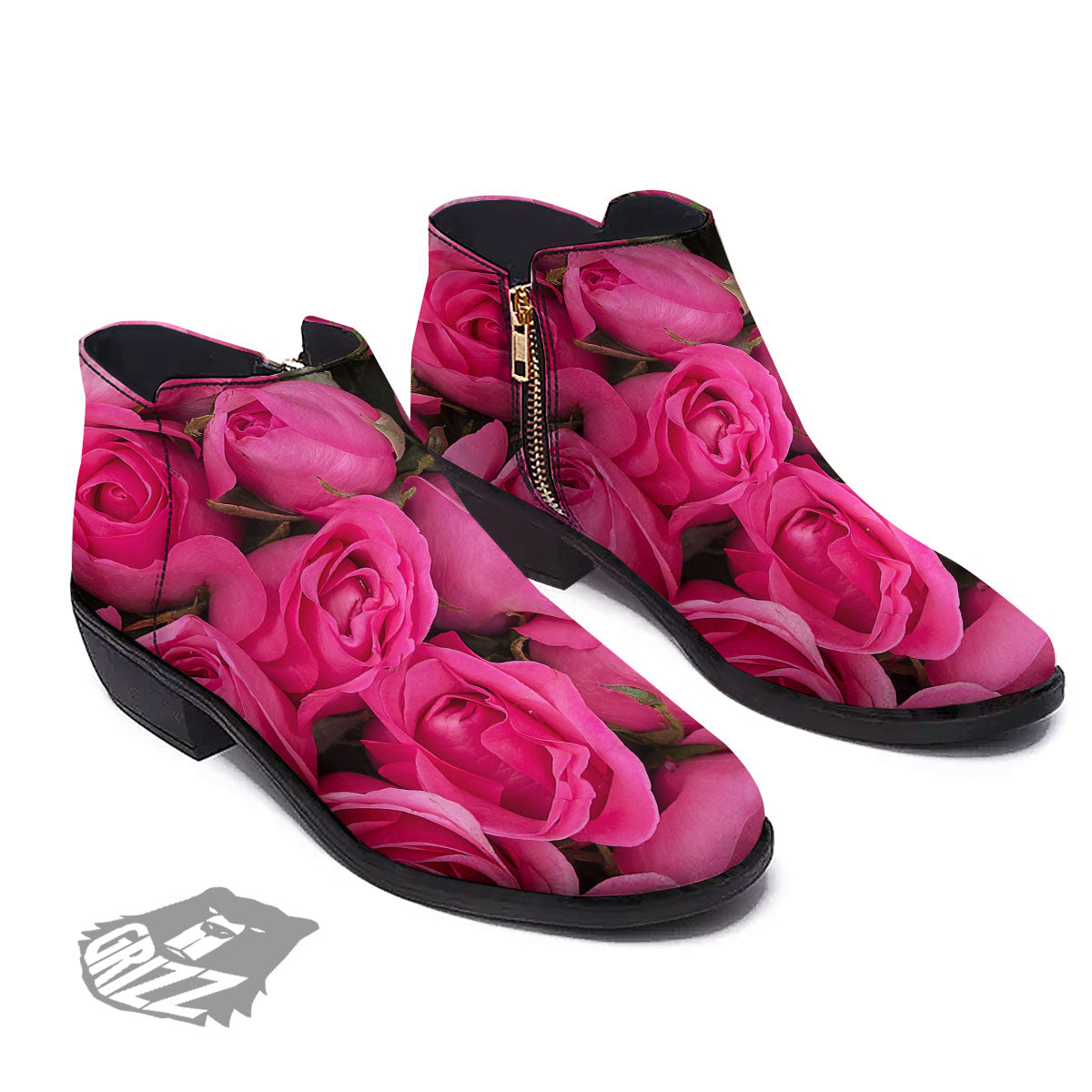 Rose Hot Pink Print Ankle Boots-grizzshop