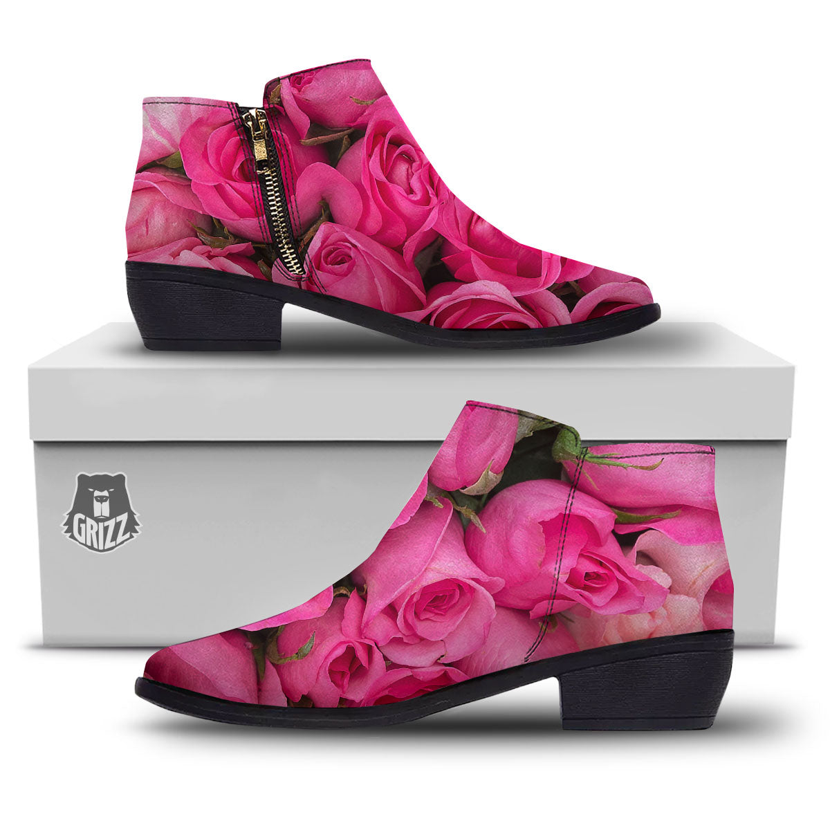 Rose Hot Pink Print Ankle Boots-grizzshop