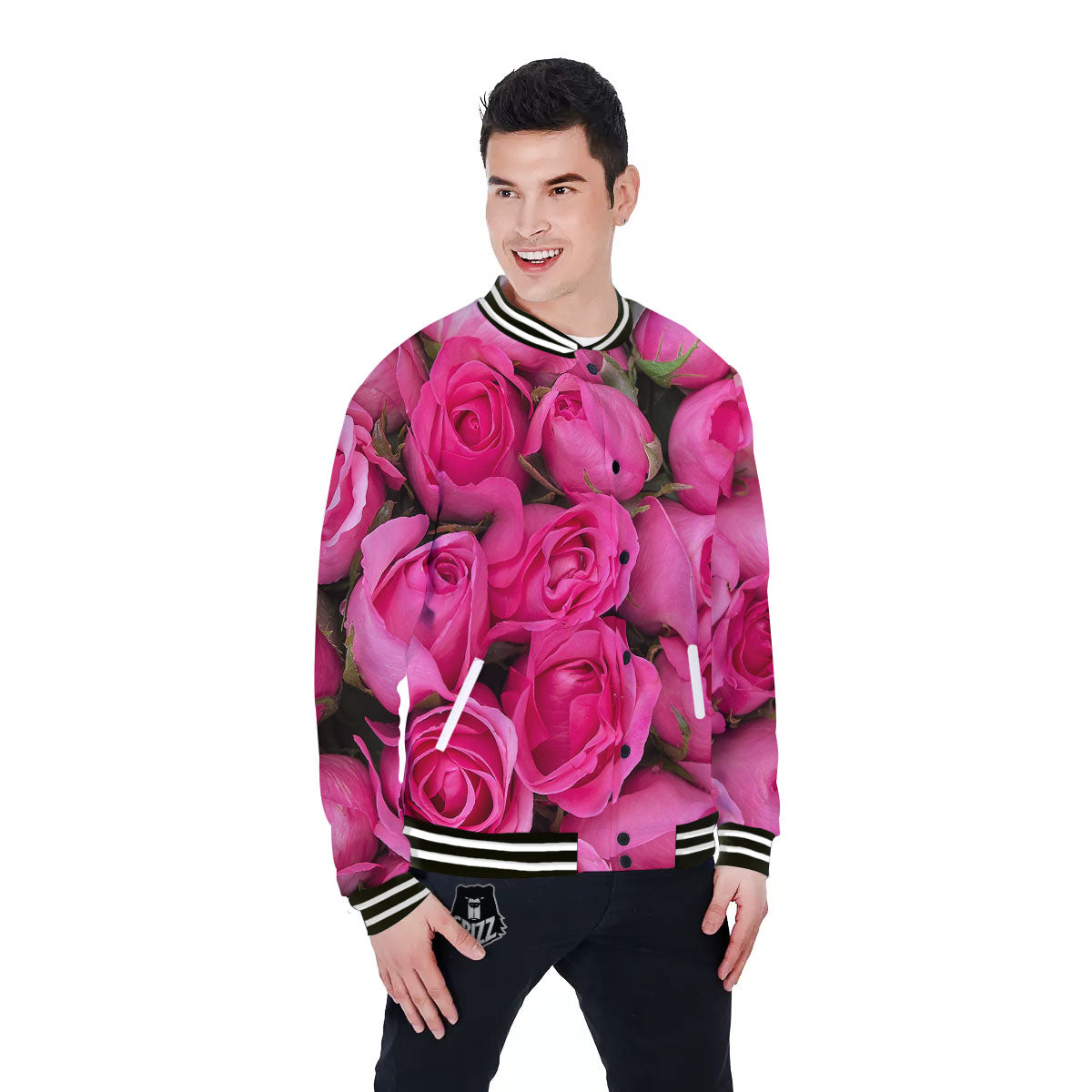 Rose Hot Pink Print Baseball Jacket-grizzshop