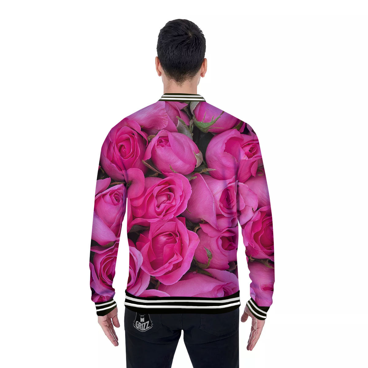 Rose Hot Pink Print Baseball Jacket-grizzshop
