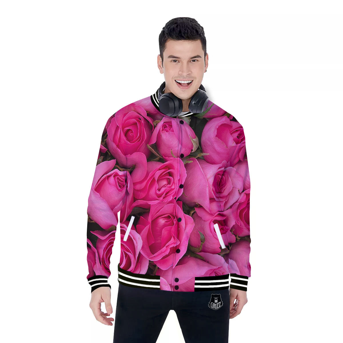 Rose Hot Pink Print Baseball Jacket-grizzshop