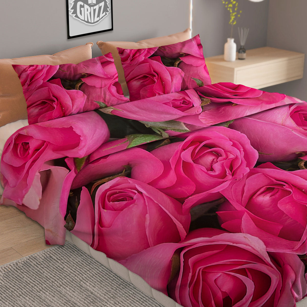 Rose Hot Pink Print Duvet Cover Bedding Set