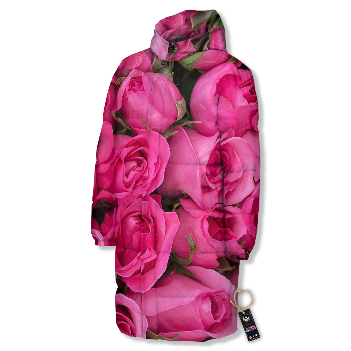 Rose Hot Pink Print Long Down Jacket-grizzshop