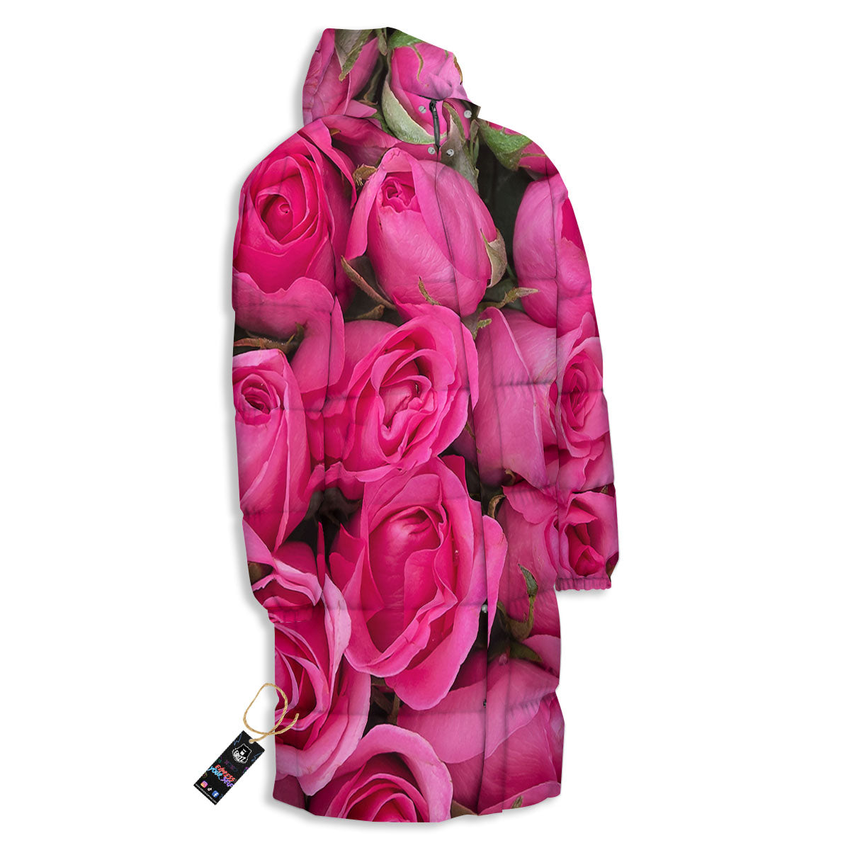 Rose Hot Pink Print Long Down Jacket-grizzshop