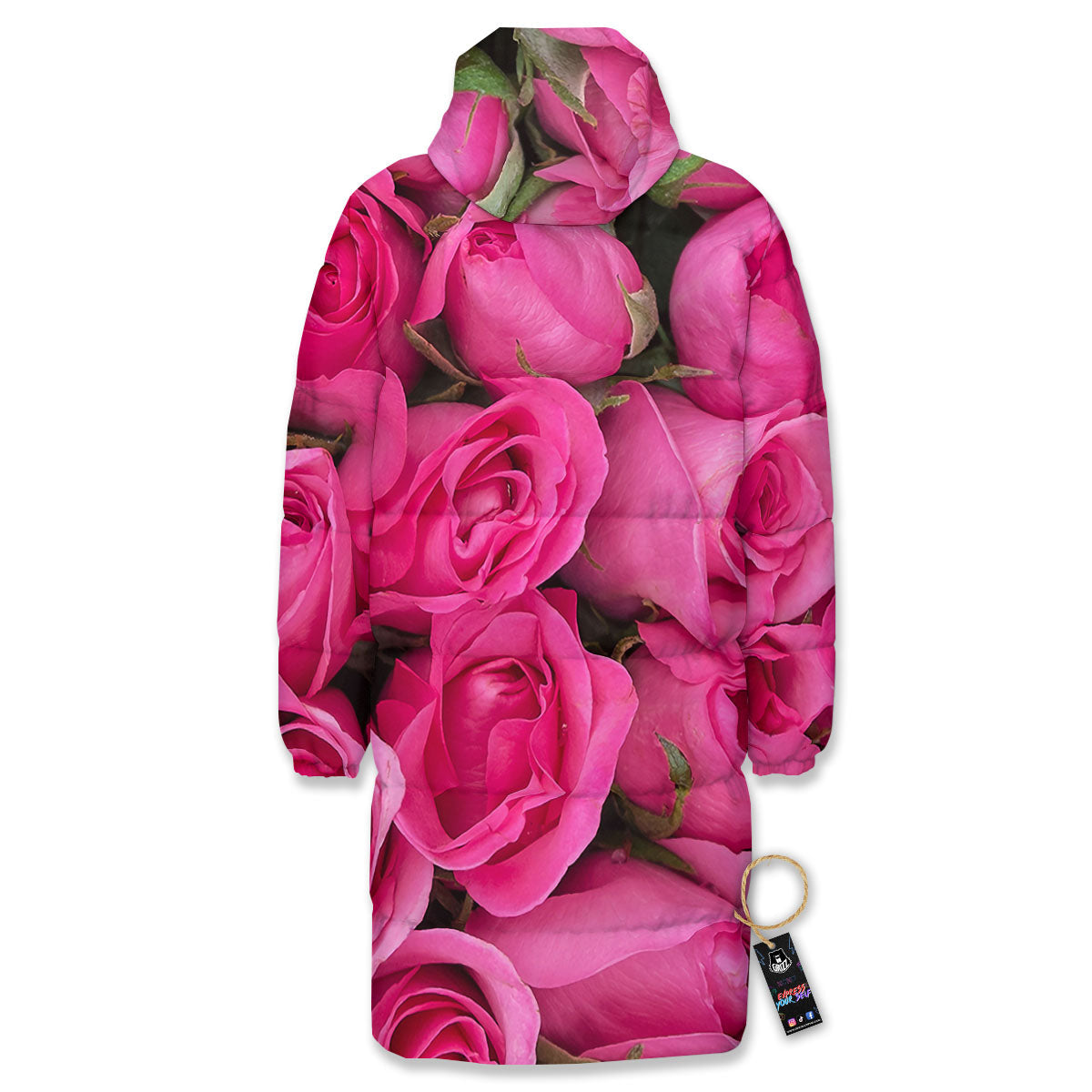 Rose Hot Pink Print Long Down Jacket-grizzshop