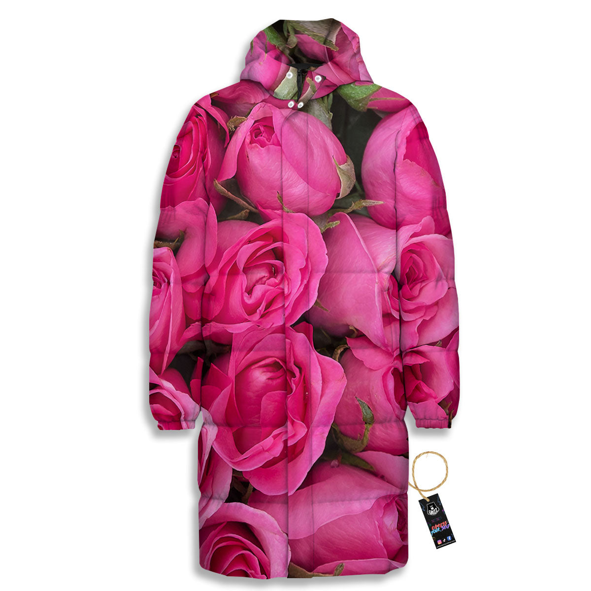 Rose Hot Pink Print Long Down Jacket-grizzshop