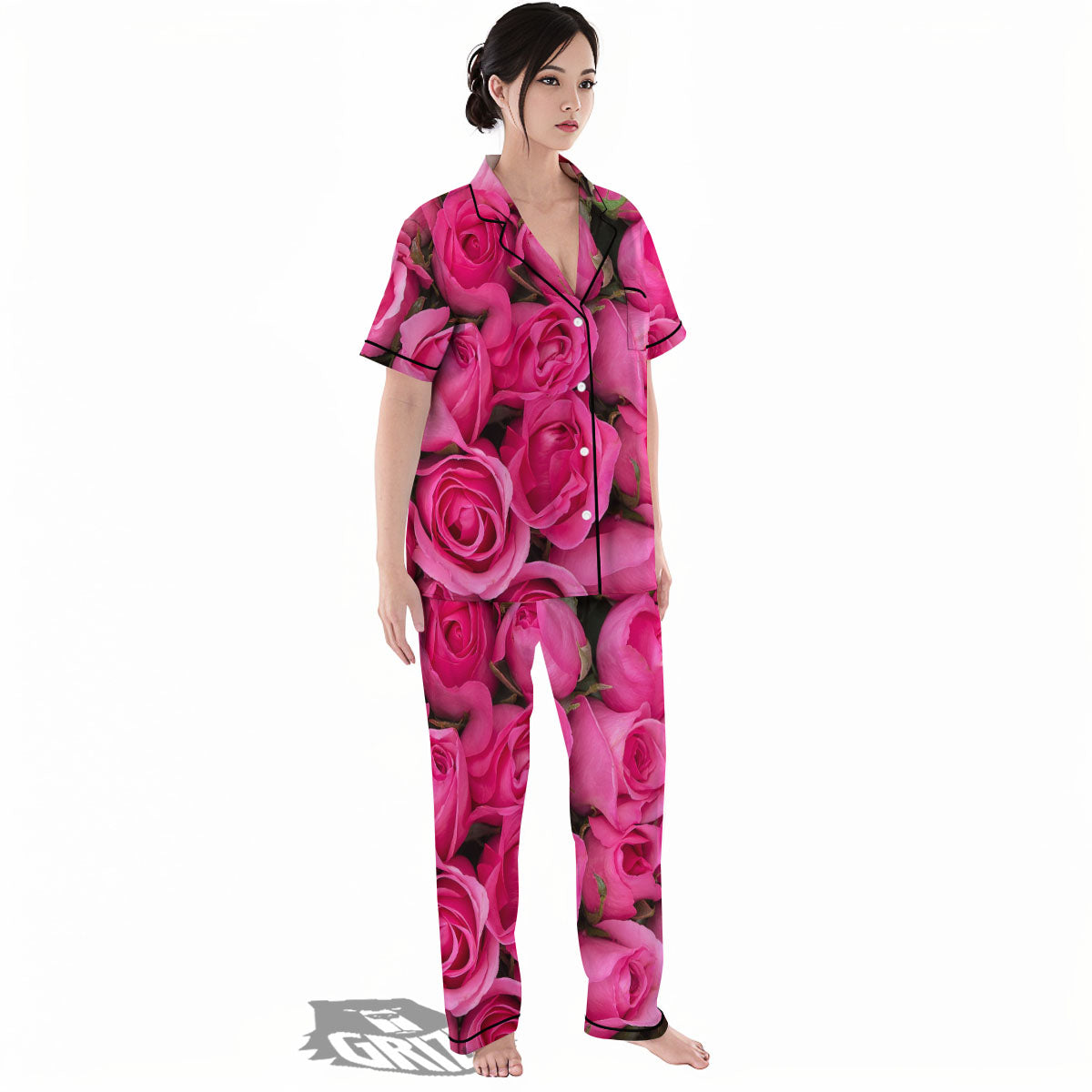 Rose Hot Pink Print Women's Pajamas Set-grizzshop