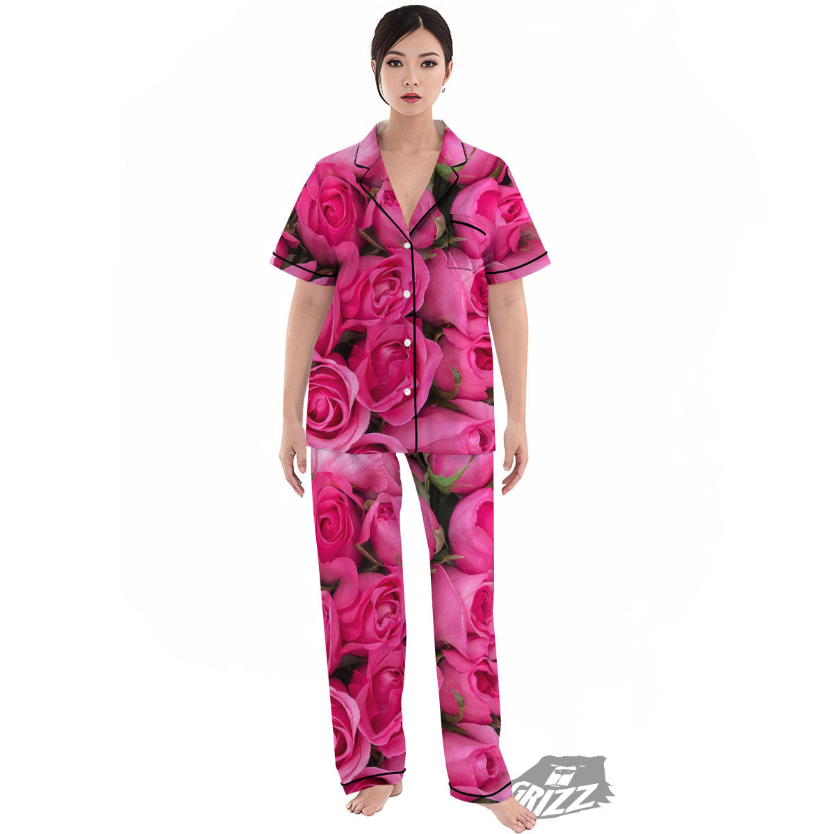 Rose Hot Pink Print Women's Pajamas Set-grizzshop