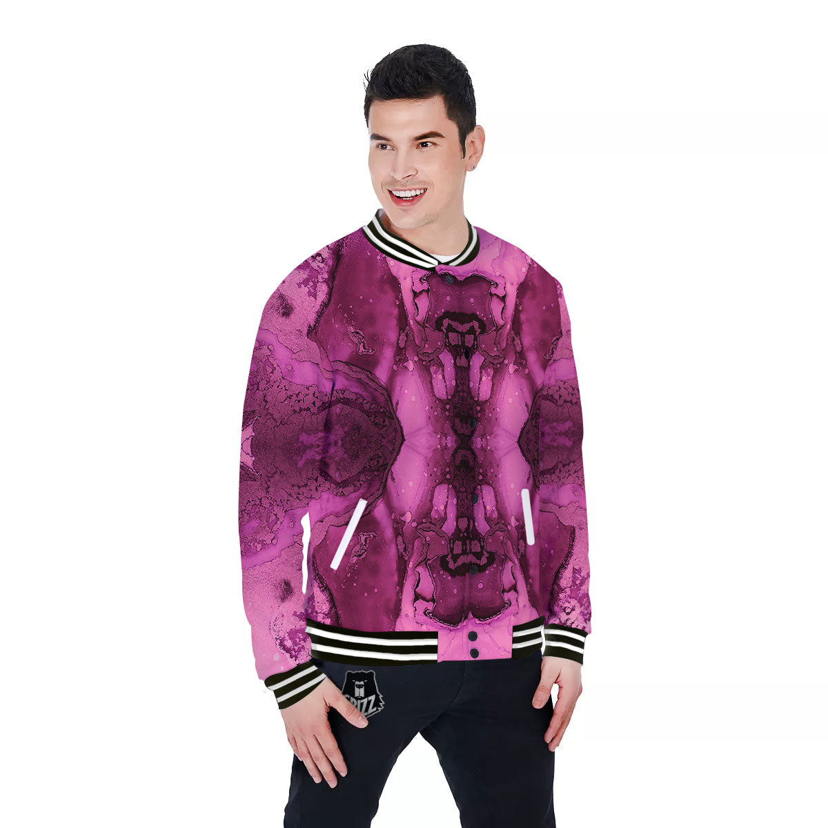 Rose Kaleidoscope Pink Print Baseball Jacket-grizzshop