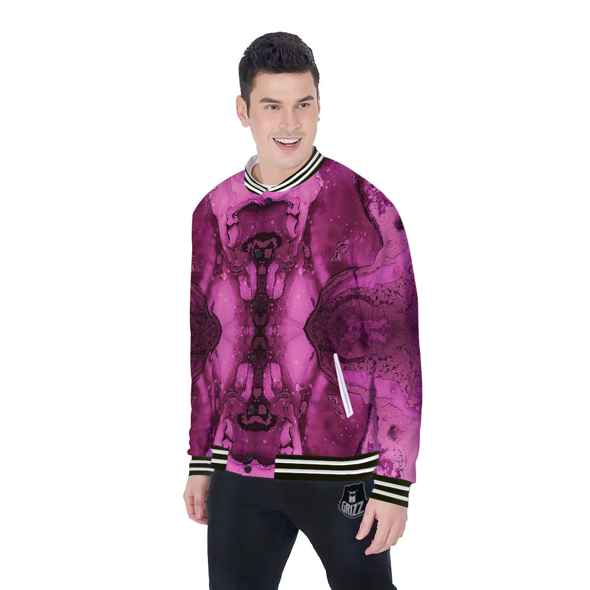 Rose Kaleidoscope Pink Print Baseball Jacket-grizzshop