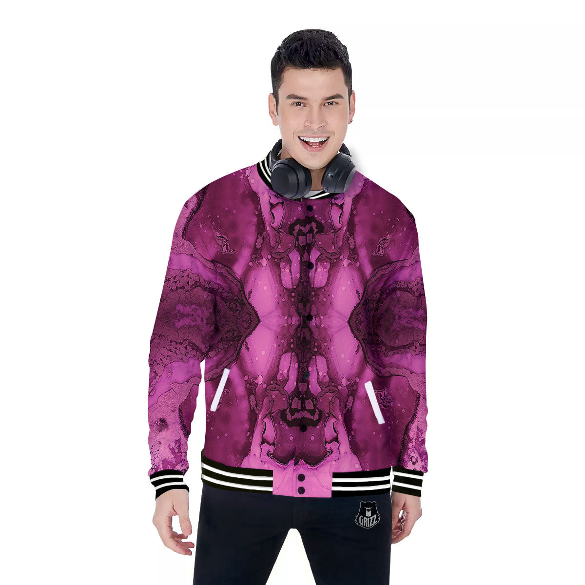 Rose Kaleidoscope Pink Print Baseball Jacket-grizzshop