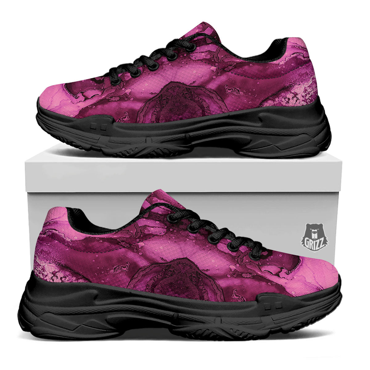 Rose Kaleidoscope Pink Print Black Chunky Shoes-grizzshop