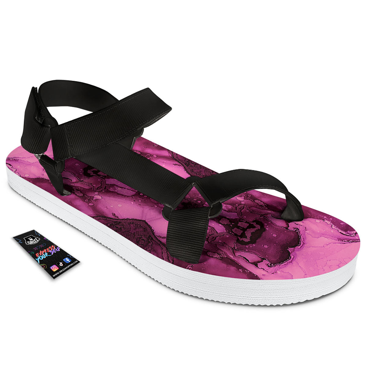 Rose Kaleidoscope Pink Print Black Open Toe Sandals-grizzshop