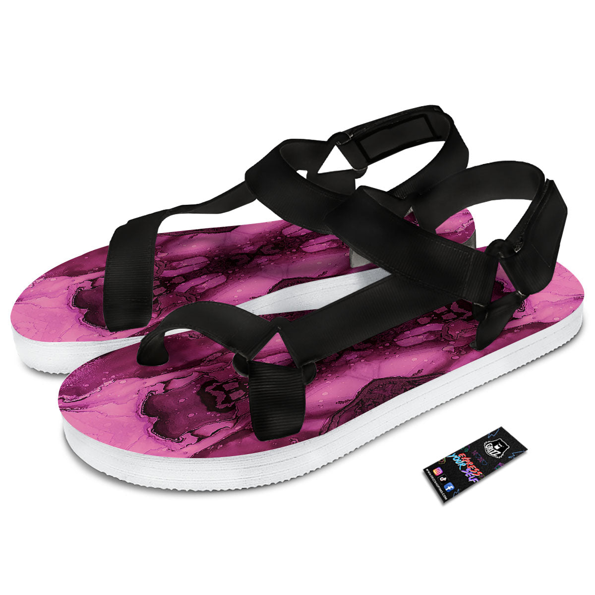 Rose Kaleidoscope Pink Print Black Open Toe Sandals-grizzshop