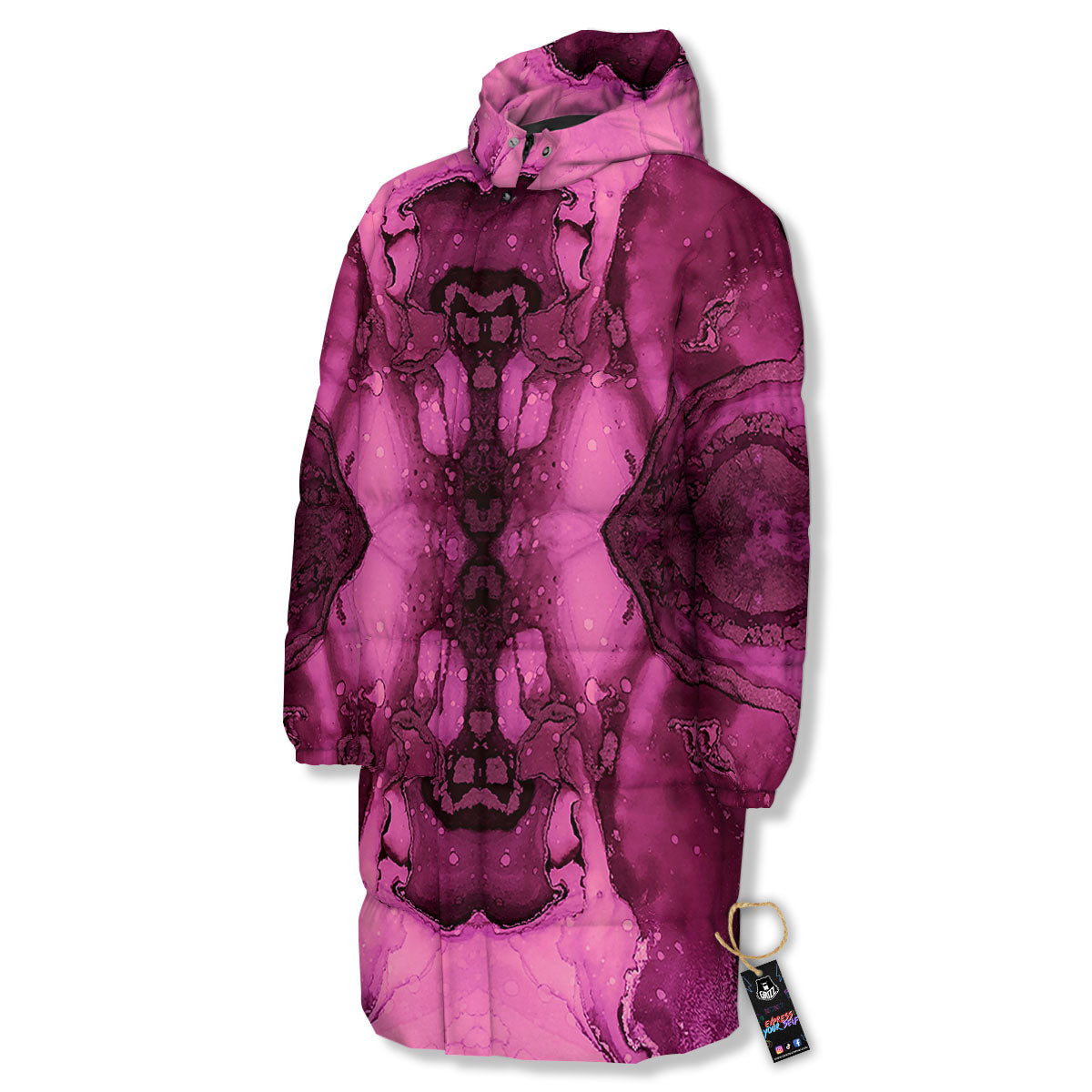 Rose Kaleidoscope Pink Print Long Down Jacket-grizzshop