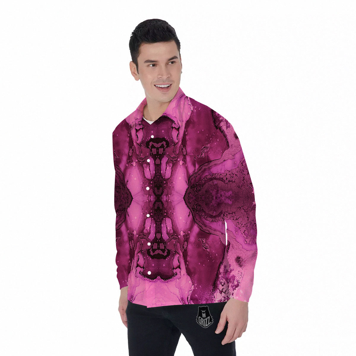 Rose Kaleidoscope Pink Print Men's Long Sleeve Shirts-grizzshop