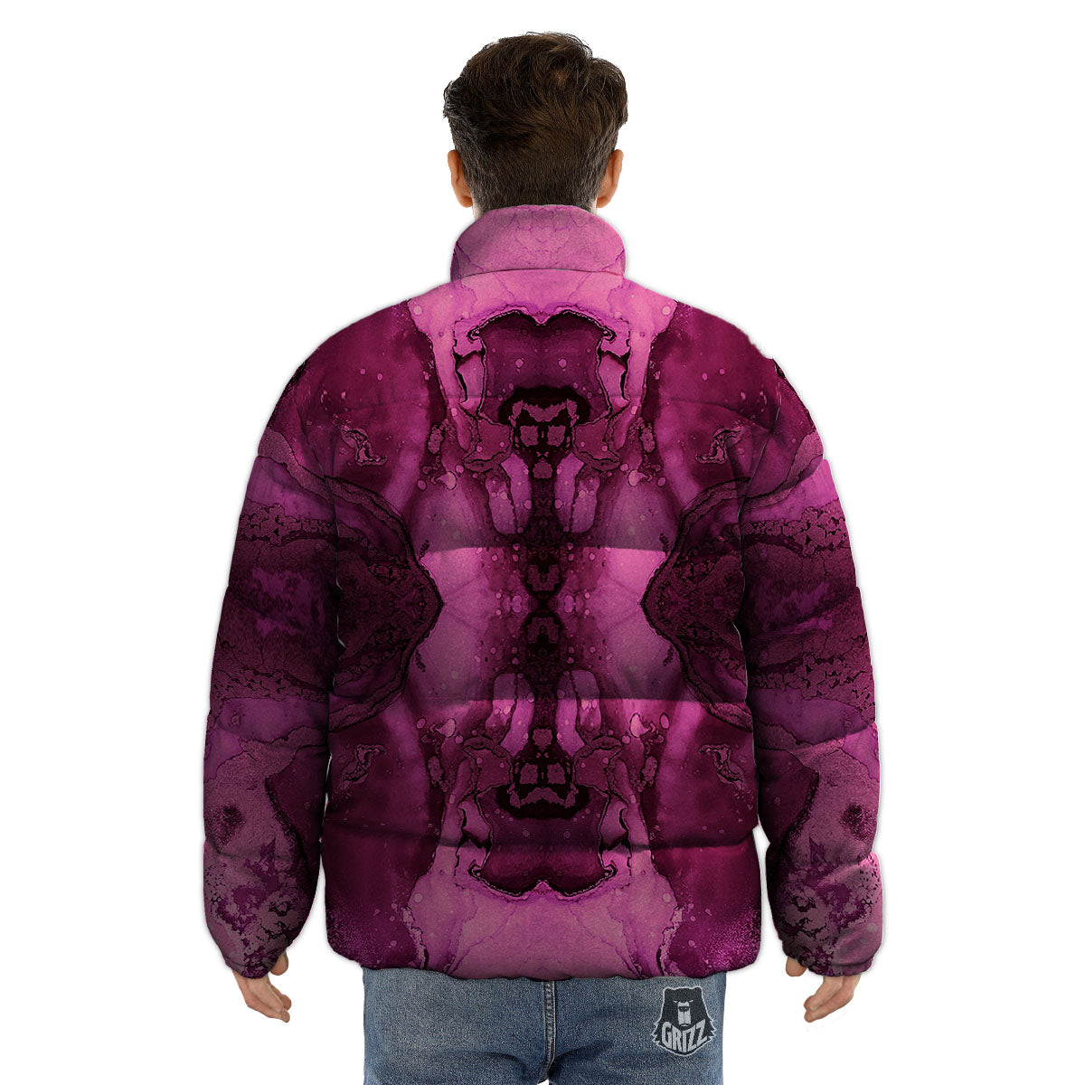 Rose Kaleidoscope Pink Print Puffer Jacket-grizzshop
